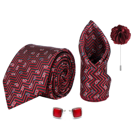 Axlon Men's Paisley Micro Wooven Silk Necktie Gift Set With Pocket Square Cufflinks & Brooch Pin Tie for Men Formal Tie Set with Box (Pack of 4) (AX11_8, Maroon)