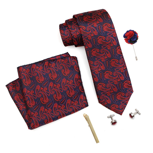 RIZORO Mens Plaid Micro Self Silk Paisley Red Blue Necktie Gift Set With Pocket Square Cufflinks Brooch Pin Men Tie Clip Formal Tie With Wooden Box For Gifting (RW_37, Free Size)