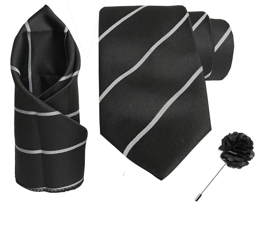 RIZORO Mens Plaid Stripped Silk Necktie Tie Gift Set With Pocket Square & Brooch Pin Formal Tie Set (S2RS, Free Size)