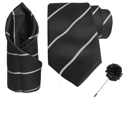 RIZORO Mens Plaid Stripped Silk Necktie Tie Gift Set With Pocket Square & Brooch Pin Formal Tie Set (S2RS, Free Size)