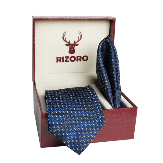 RIZORO Men Dotted Micro Fibre Necktie Gift Set With Pocket Square & Brooch Pin Formal Tie (Black A10BKRS Free Size)