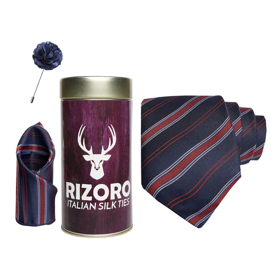 RIZORO Mens Plaid Stripped Silk Necktie Gift Set With Pocket Square & Brooch Pin Formal Tie Combo (S6RT, Free Size)