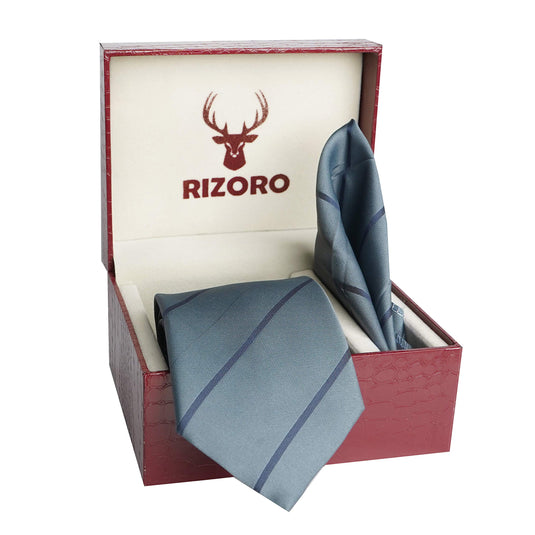 RIZORO Mens Plaid Stripped Silk Necktie Tie Gift Set With Pocket Square & Brooch Pin Formal Tie Set (S2RS, Free Size)