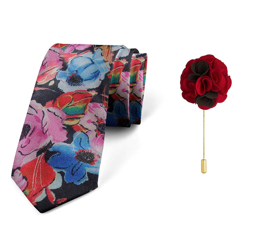 AXLON Men's Micro Polyester Floral Necktie Set with Pocket Square and Brooch Pin (Pink ,Free Size)