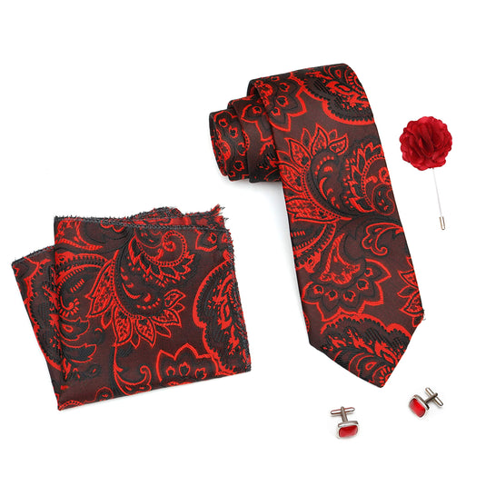 RIZORO Mens Plaid Pasiley Silk Necktie Tie Gift Set With Pocket Square, Cufflinks & Brooch Pin Formal Tie With Leatherite Box (AMBI5RB, Free Size)