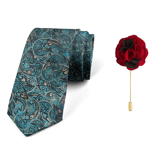 AXLON Men's Micro Polyester Floral Necktie Set with Pocket Square and Brooch Pin (Blue ,Free Size)
