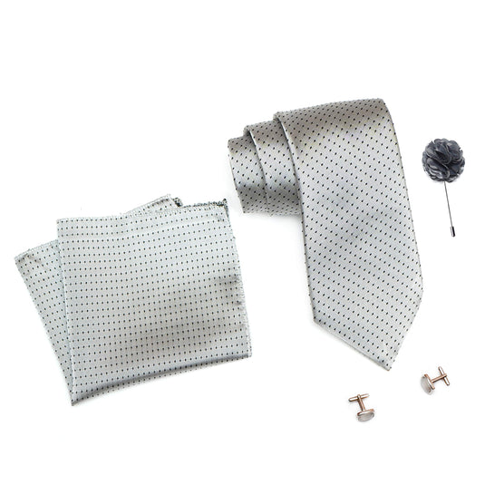 AXLON Mens Plaid Dotted Silk Necktie Gift Set With Pocket Square Cufflinks & Brooch Pin Formal Tie With Leatherite Box (D1RX Free Size) | (Leather Gift Box) (Pack of 4)