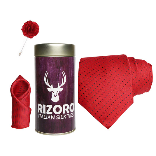 RIZORO Mens Plaid Dotted Silk Necktie Gift Set With Pocket Square & Brooch Pin Formal Tie Combo (D1RT, Free Size)