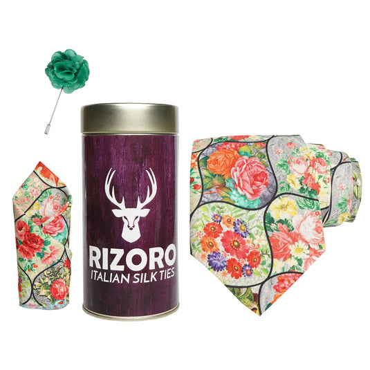 RIZORO Mens Plaid Boho Printed Silk Necktie Gift Set With Pocket Square & Brooch Pin Formal Tie Combo (Multi-Coloured 2, BOHOM2RT, Free Size)