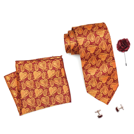 RIZORO Mens Plaid Pasiley Silk Necktie Gift Set With Pocket Square Cufflinks & Brooch Pin Formal Tie With Leatherite Box (AMBI1RX Free Size) | (Leather Gift Box) (Pack of 4)