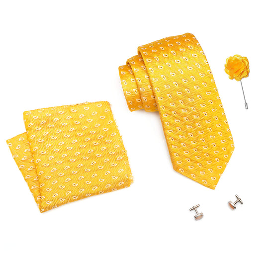 RIZORO Mens Plaid Pasiley Silk Necktie Tie Gift Set With Pocket Square, Cufflinks & Brooch Pin Formal Tie With Leatherite Box (AMBICRB, Free Size)