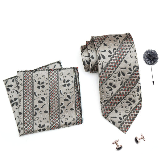 RIZORO Mens Plaid Pasiley Silk Necktie Tie Gift Set With Pocket Square, Cufflinks & Brooch Pin Formal Tie With Leatherite Box (AS1RB, Free Size)