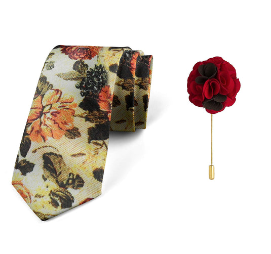 AXLON Men's Micro Polyester Floral Necktie Set with Pocket Square and Brooch Pin (Yellow ,Free Size)