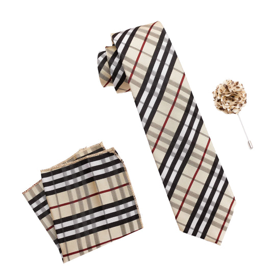 Axlon Men's Micro Polyester Checkered Necktie Set with Pocket Square and Brooch Pin (Beige, Free Size)