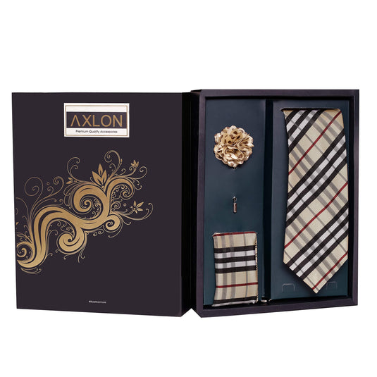 Axlon Men's Polyester Necktie Set with Pocket Square, Brooch Pin and Cufflinks (Free Size, Cream)