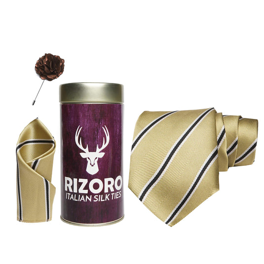 RIZORO Mens Plaid Stripped Silk Necktie Gift Set With Pocket Square & Brooch Pin Formal Tie Combo (STRIPM3RT, Free Size)