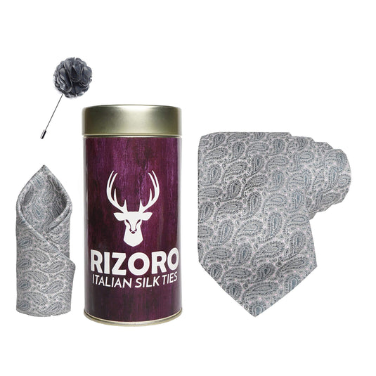RIZORO Mens Plaid Pasiley Silk Necktie Gift Set With Pocket Square & Brooch Pin Formal Tie Combo (AMBM1RT, Free Size)