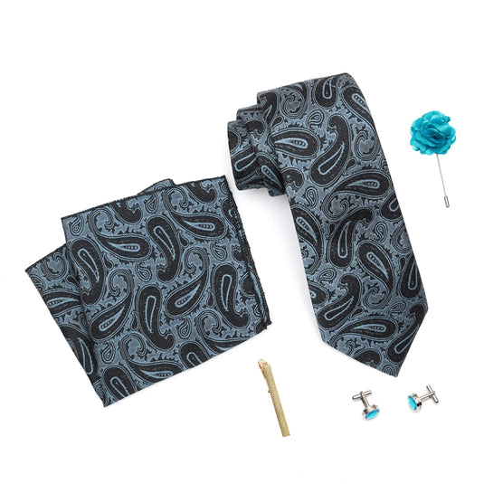 RIZORO Mens Plaid Micro Self Silk Paisley Blue Necktie Gift Set With Pocket Square Cufflinks Brooch Pin Men Tie Clip Formal Tie With Wooden Box For Gifting (RW_30, Free Size)