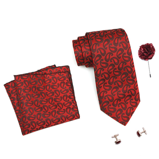 RIZORO Mens Plaid Pasiley Silk Necktie Tie Gift Set With Pocket Square, Cufflinks & Brooch Pin Formal Tie With Leatherite Box (AMBI2RB, Free Size)