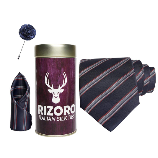 RIZORO Mens Plaid Stripped Silk Necktie Gift Set With Pocket Square & Brooch Pin Formal Tie Combo (S5RT, Free Size)