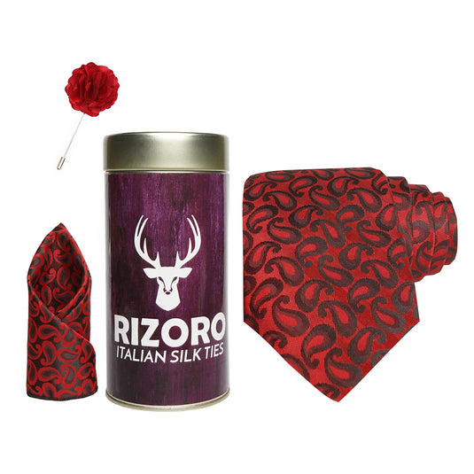 RIZORO Mens Plaid Pasiley Silk Necktie Gift Set With Pocket Square & Brooch Pin Formal Tie Combo (AMBI2RT, Free Size)