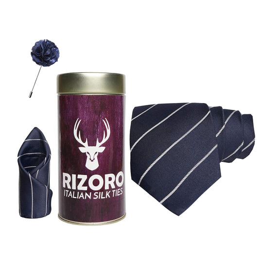 RIZORO Mens Plaid Stripped Silk Necktie Gift Set With Pocket Square & Brooch Pin Formal Tie Combo (S2RT, Free Size)