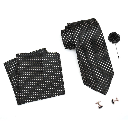 RIZORO Mens Plaid Dotted Silk Necktie Tie Gift Set With Pocket Square, Cufflinks & Brooch Pin Formal Tie With Leatherite Box (A11RB, Free Size)