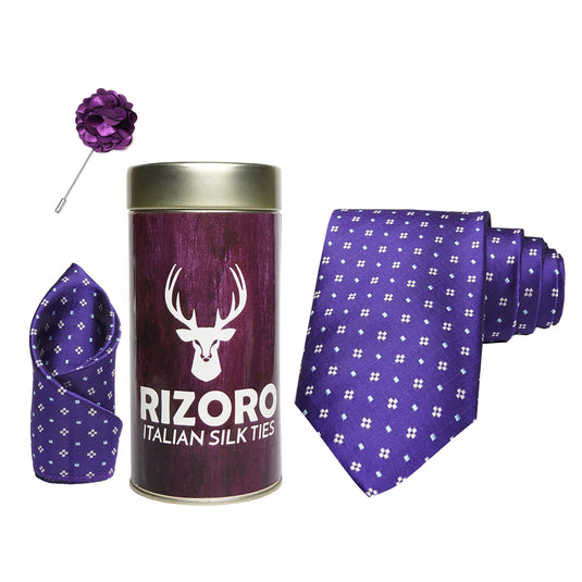 RIZORO Mens Plaid Dotted Silk Necktie Gift Set With Pocket Square & Brooch Pin Formal Tie Combo (4D1RT, Free Size)