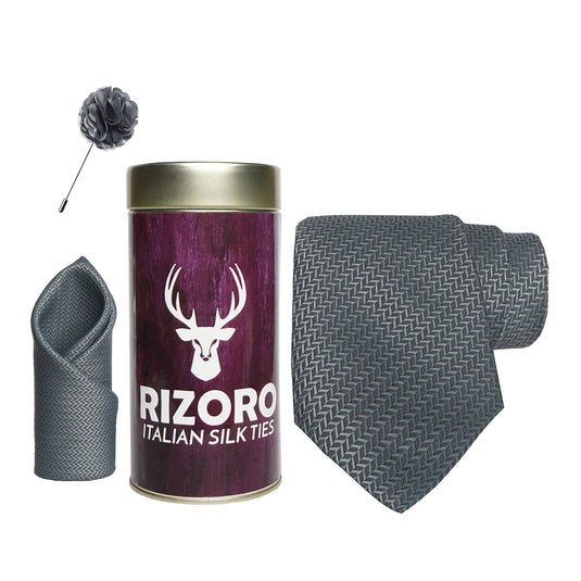 RIZORO Mens Plaid Micro Self Silk Necktie Gift Set With Pocket Square & Brooch Pin Formal Tie Combo (SIDIRT, Free Size)