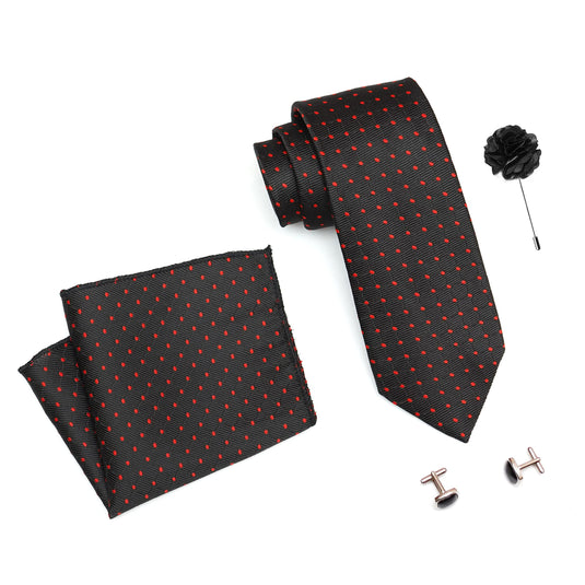 AXLON Mens Plaid Dotted Silk Necktie Gift Set With Pocket Square Cufflinks & Brooch Pin Tie For Men Formal With Leatherite Box (A12RX Free Size) | (Leather Gift Box) (Pack of 4)