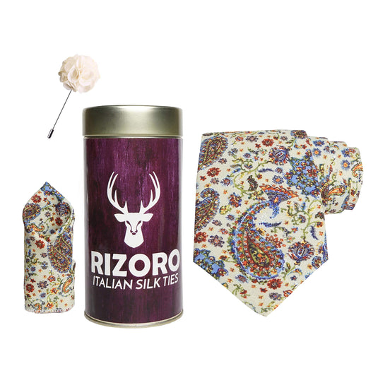 RIZORO Mens Plaid Boho Printed Silk Necktie Gift Set With Pocket Square & Brooch Pin Formal Tie Combo (Multi-Coloured 8, BOHOM8RT, Free Size)