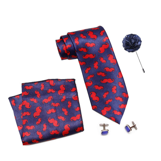 Axlon Men Formal/Casual Printed Satin Neck Tie Pocket Square Accessory Gift Set with Cufflinks and Brooch Pin - Blue (Free Size, ltr_819)