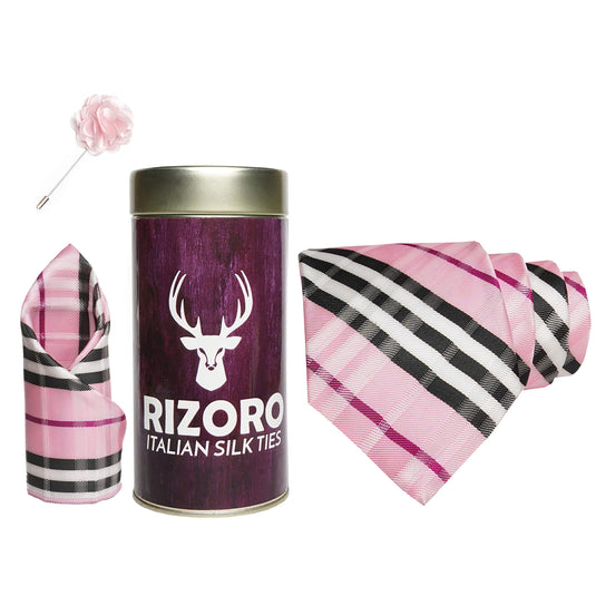 RIZORO Mens Plaid Checkered Silk Necktie Gift Set With Pocket Square & Brooch Pin Formal Tie Combo (BURRT, Free Size)