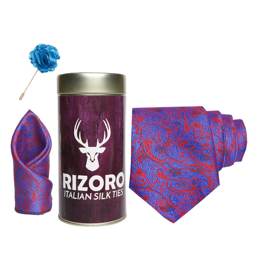 RIZORO Mens Plaid Pasiley Silk Necktie Gift Set With Pocket Square & Brooch Pin Formal Tie Combo (PARRT, Free Size)