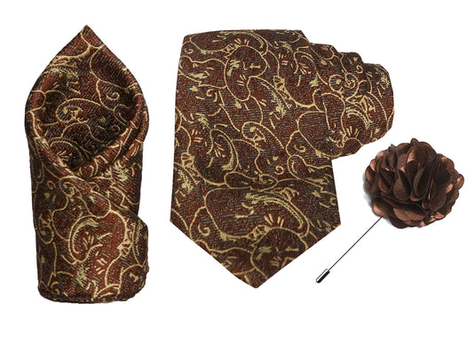 RIZORO Men Paisley Micro Fibre Necktie Gift Set With Pocket Square & Brooch Pin Formal Tie (Turquoise PARTRRS Free Size)