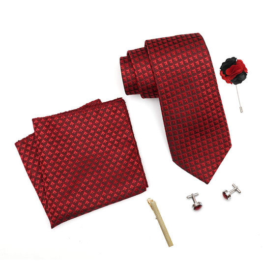 RIZORO Mens Plaid Micro Self Silk Red Necktie Gift Set With Pocket Square Cufflinks Brooch Pin Men Tie Clip Formal Tie With Wooden Box For Gifting (RW_26, Free Size)