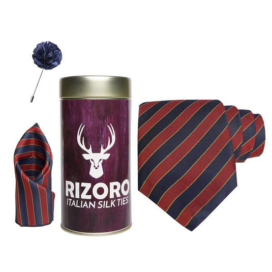 RIZORO Mens Plaid Stripped Silk Necktie Gift Set With Pocket Square & Brooch Pin Formal Tie Combo (S3RT, Free Size)