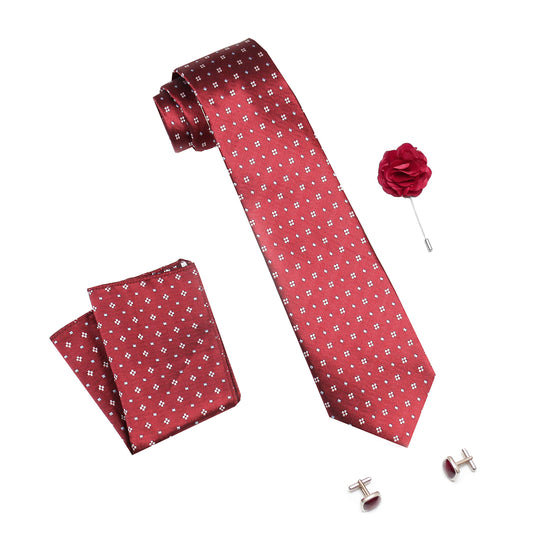 RIZORO Mens Plaid Dotted Silk Necktie Tie Gift Set With Pocket Square, Cufflinks & Brooch Pin Formal Tie With Leatherite Box (4D1RB, Free Size)