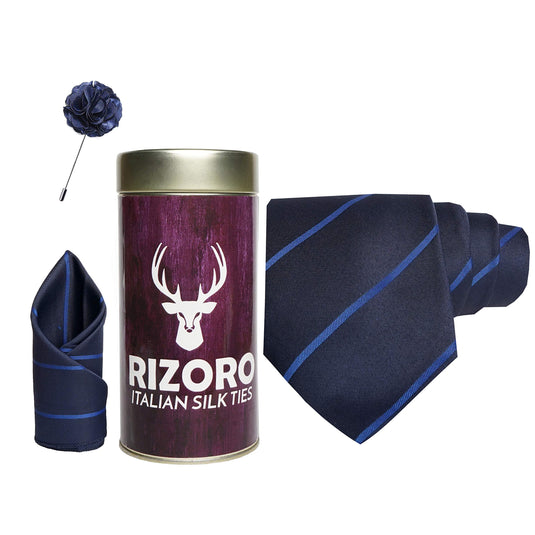 RIZORO Mens Plaid Stripped Silk Necktie Gift Set With Pocket Square & Brooch Pin Formal Tie Combo (S2RT, Free Size)