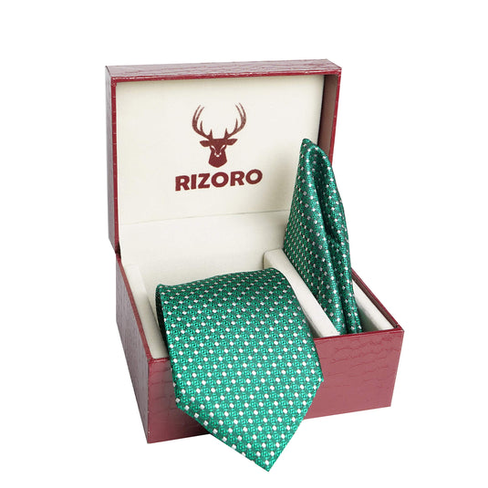 RIZORO Mens Plaid Dotted Silk Necktie Tie Gift Set With Pocket Square & Brooch Pin Formal Tie Set (A11RS, Free Size)