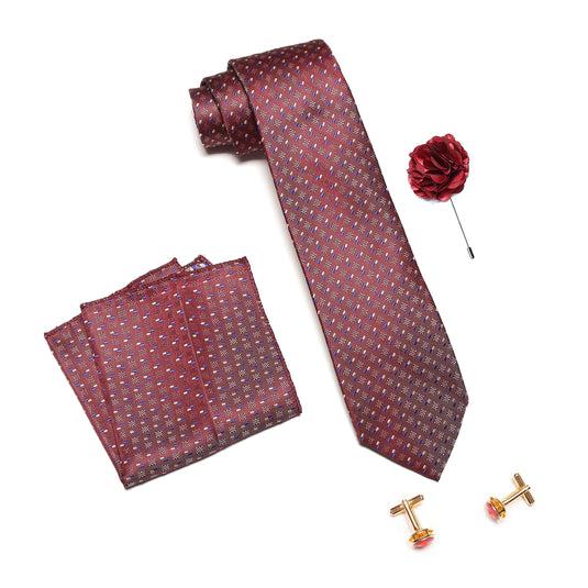 Axlon Men's Micro Polyester Necktie Set with Pocket Square, Brooch Pin and Cufflinks (Maroon, Free Size)