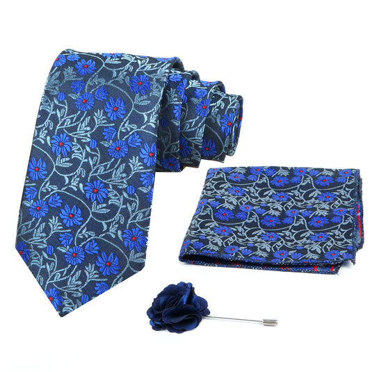 Axlon Mens Plaid Micro Self Silk Necktie Gift Set With Pocket Square & Brooch Pin Tie for Men Formal Tie Set with Box (Pack of 3) (Blue, 2022AX_27)