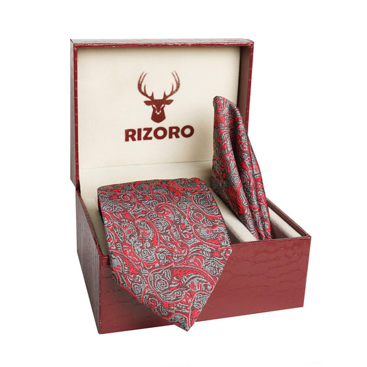 RIZORO Men Paisley Micro Fibre Necktie Gift Set With Pocket Square & Brooch Pin Formal Tie (Turquoise PARTRRS Free Size)