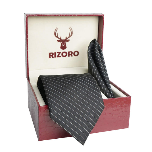 RIZORO Mens Plaid Stripped Silk Necktie Tie Gift Set With Pocket Square & Brooch Pin Formal Tie Set (S1RS, Free Size)