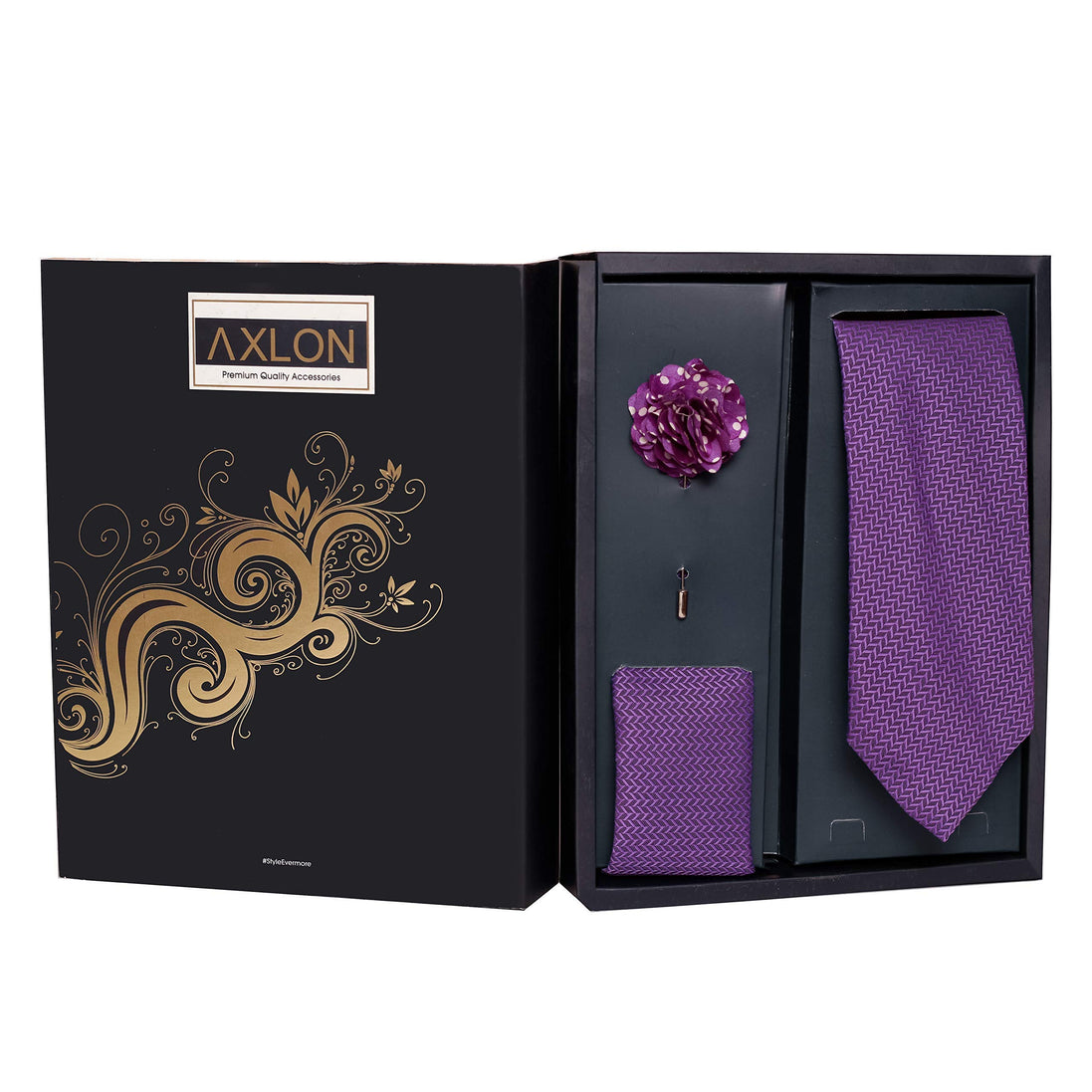 Axlon Men's Polyester Necktie Pocket Square Set, Brooch Pin and Cufflinks (Free Size, Purple)