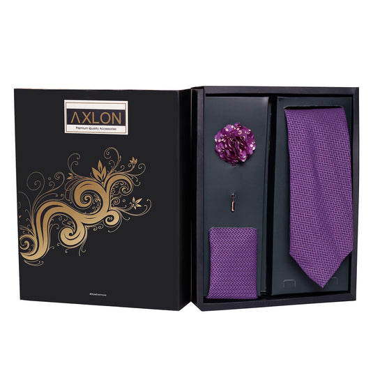 Axlon Men's Polyester Necktie Pocket Square Set, Brooch Pin and Cufflinks (Free Size, Purple)