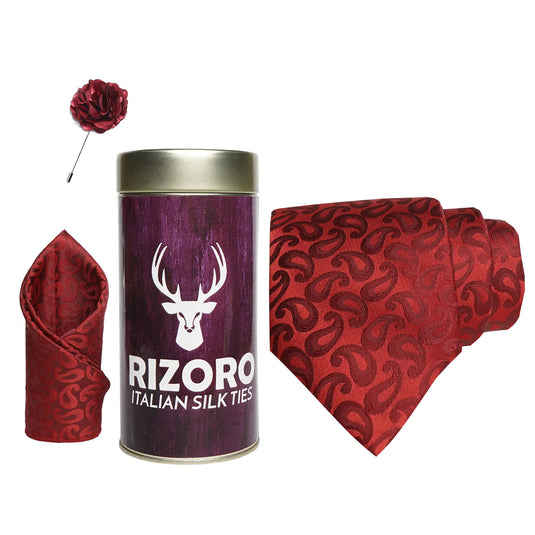 RIZORO Mens Plaid Pasiley Silk Necktie Gift Set With Pocket Square & Brooch Pin Formal Tie Combo (AMBI2RT, Free Size)