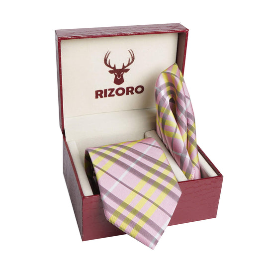 RIZORO Mens Plaid Checkered Silk Necktie Tie Gift Set With Pocket Square & Brooch Pin Formal Tie Set (Light Pink, BURLPRS, Free Size)