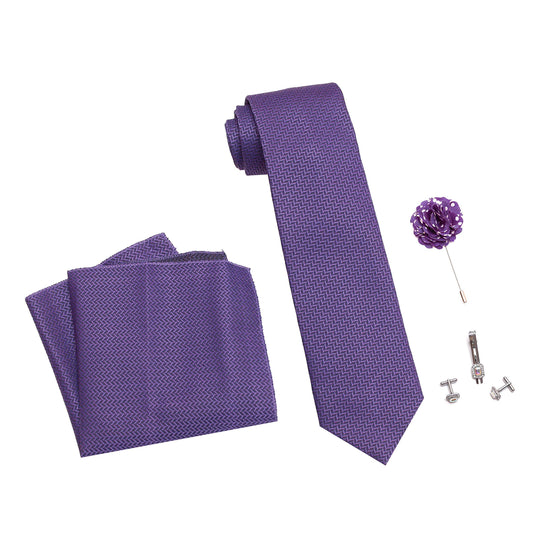 Axlon Men's Micro Polyester Necktie Set with Pocket Square, Brooch Pin and Cufflinks (Purple, Free Size)