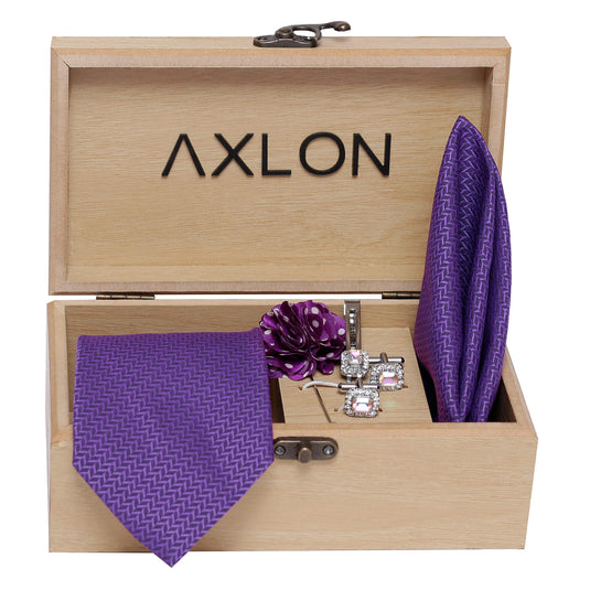 Axlon Men's Micro Polyester Necktie Set with Pocket Square, Brooch Pin and Cufflinks (Purple, Free Size)